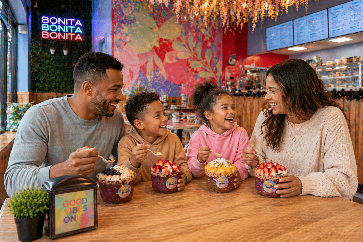 A family of four laughing together over Bonita Bowls inside a shop