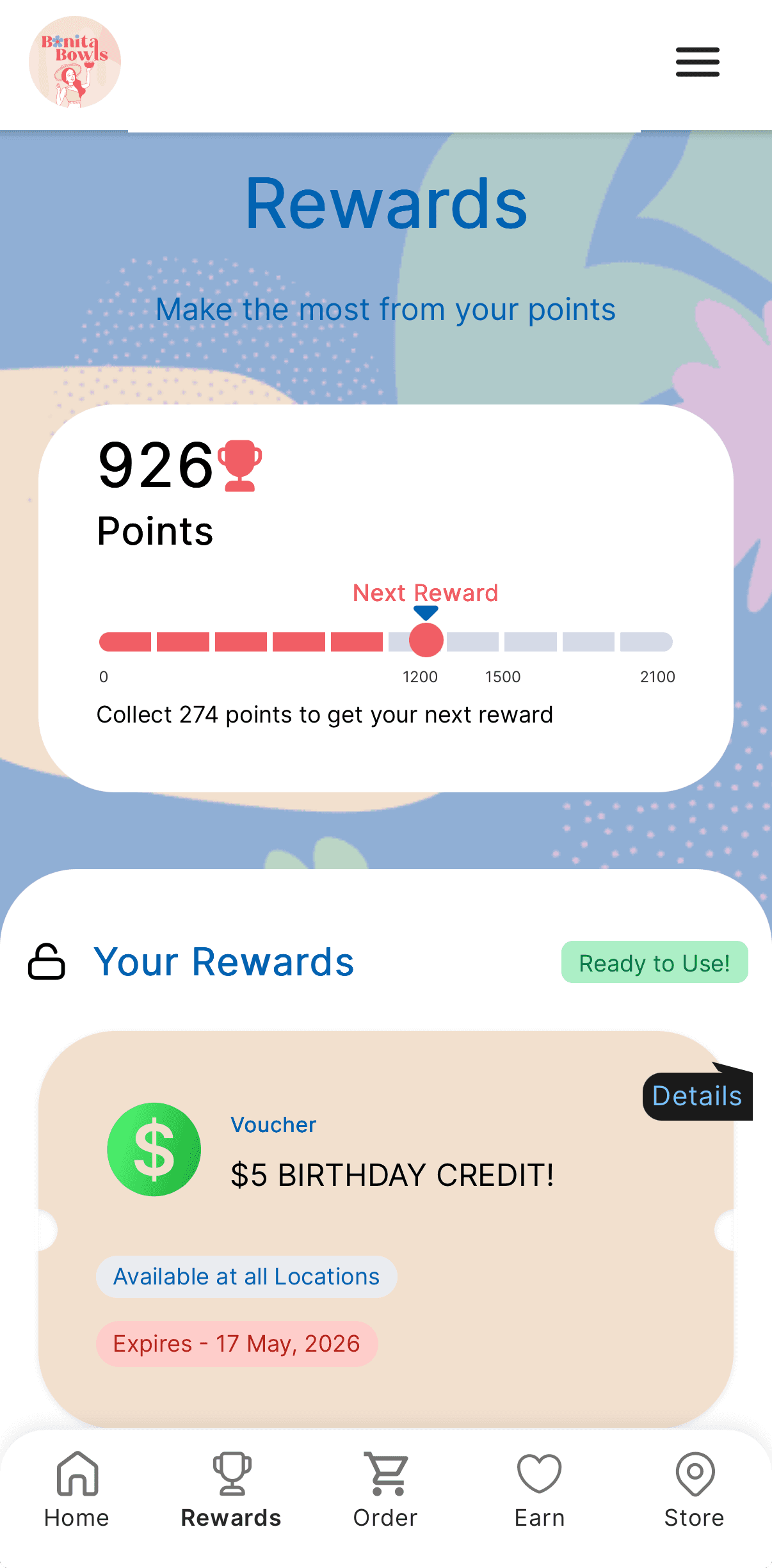 Bonita Bowls loyalty app: a Rewards screen showing 926 points and a $5 birthday credit voucher