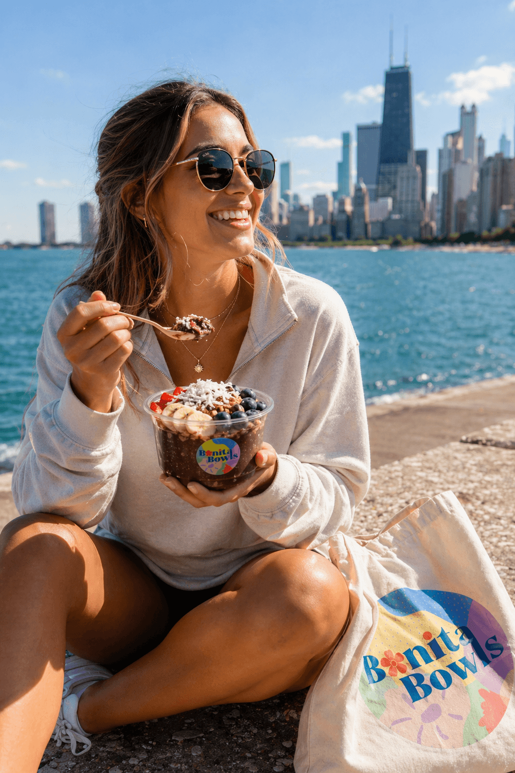 A Bonita Bowls customer settling in with a fresh açaí bowl