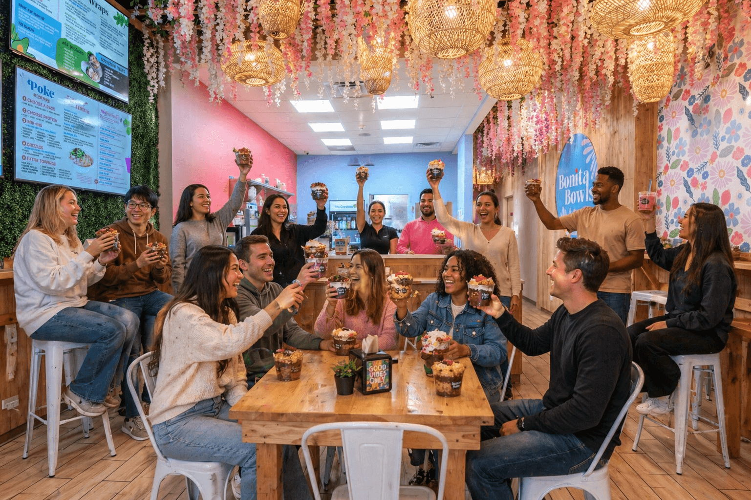 The Bonita Bowls team raising bowls and smoothies for a group cheers inside the shop
